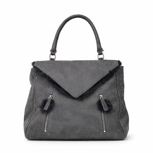 Romy Gold Gray Pebbled Leather Satchel Bag with Fur Trim
